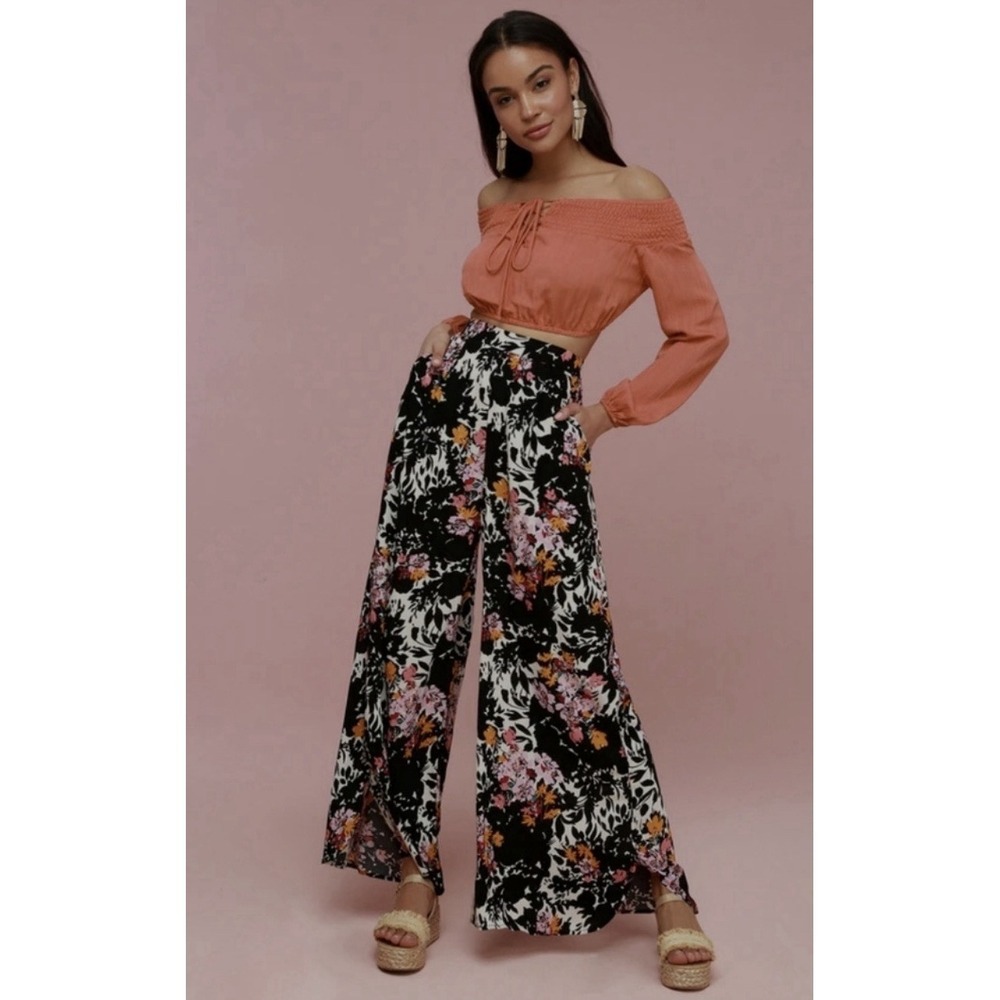 Free People Intimately Late Night Floral Wide Leg Pants Black Rayon | Sz L NWT - Picture 3 of 6
